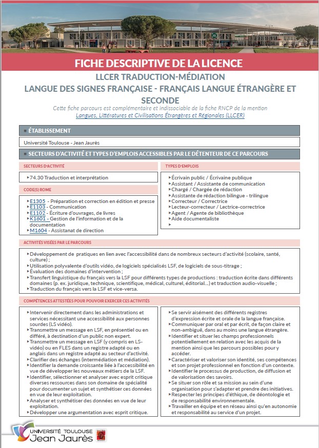 Image fiche descriptive Licence LLCER Traduction - médiation LSF FLES