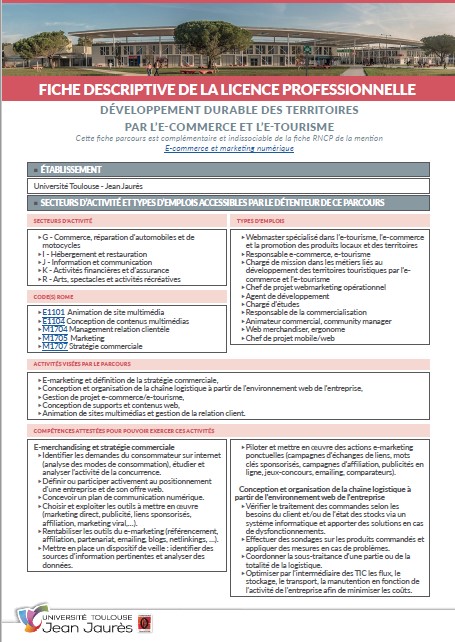 LICENCE PRO e-commerce et marketing numérique  parcours Développement  durable des territoires par l'e-commerce et l'e-tourisme (DDT eCeT) - Site  de Foix - Université Toulouse - Jean Jaurès