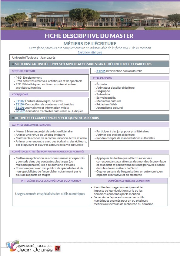 Fiche descriptive Master Métiers de l'écriture